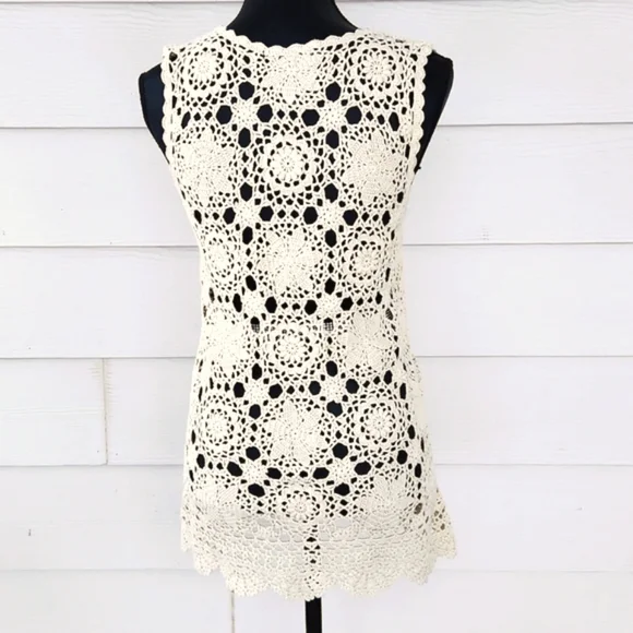 VTG Crochet Lace Ecru Beige Cream COLOUR EIGHTEEN Long Tunic Vest Mini Dress (M) - Picture 5 of 11